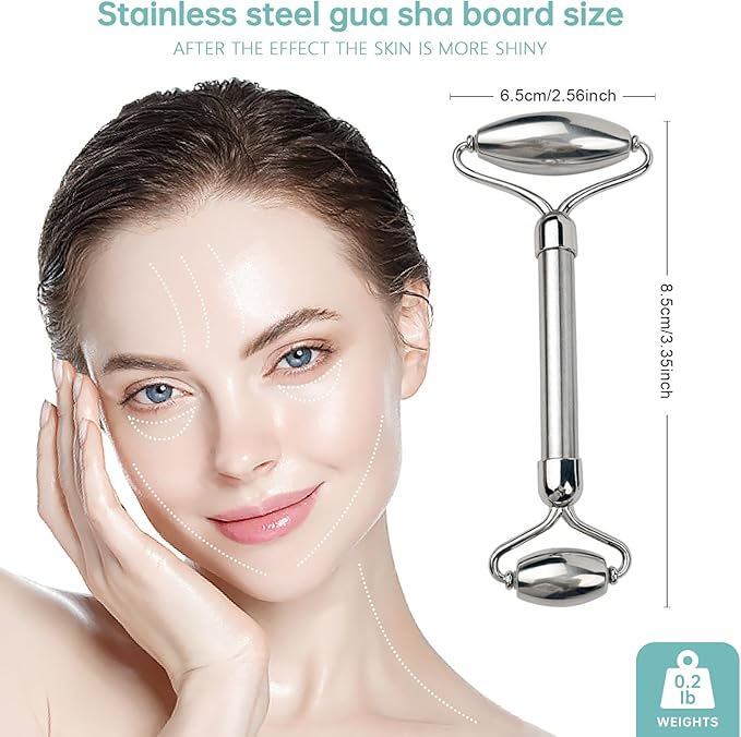 Stainless Steel Facial Roller - Metal Face and Eye Roller, Gua Sha Facial Tools Stainless Steel, Reduce Puffiness, Cooling Dual Sided Stainless Steel Facial Roller Massager
