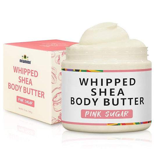 AKWAABA New Whipped Shea Body Butter (Pink Sugar) - Moisturizes, Glows & Softens Skin | Natural Raw Shea Butter | For Dry Skin | 12 oz / 340 g