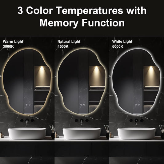 Asymmetrical LED Bathroom Mirror with Lights,Irregular Led Bathroom Vanity Mirror for Wall with Front and Backlit, Anti Fog, 3 Colors and Dimmable Light,[Horizontal/Vertical] 40" H x 30" W