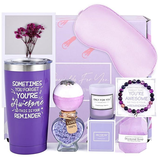 FRAMICS Spa Gifts for Women, Relaxing Spa Gift Baskets for Women, Bath Sets for Women Gift, Relaxing Gifts for Mom, Wife, Sister, Friends, Teacher, Valentine's Day, Mother's Day, 8-Piece, Purple