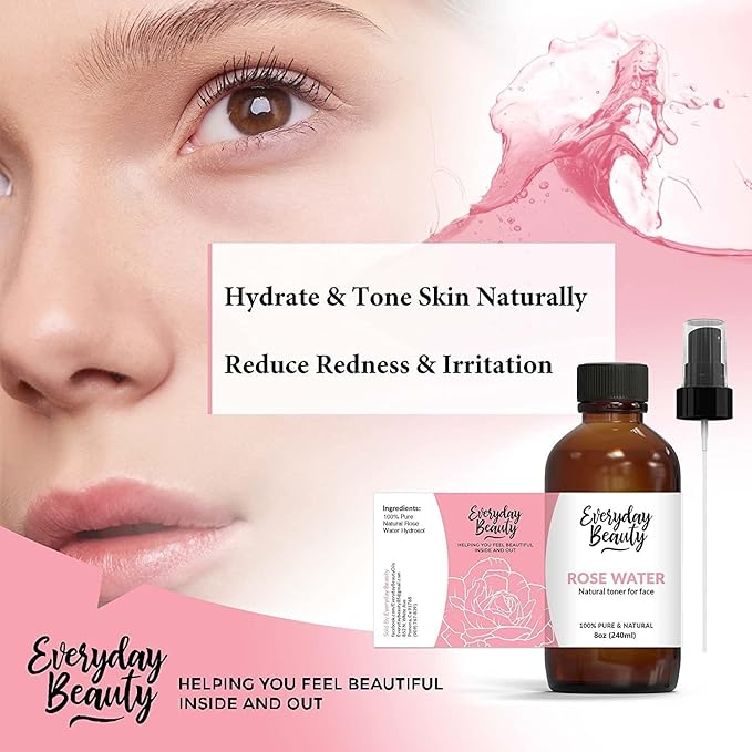 Rose Water Facial Toner - Alcohol-Free Vegan All Natural Refreshing Spray Mist for Face and Hair - Uplifts, Calming & Soothing for All Skin Types 8oz with Fine Mist Cap