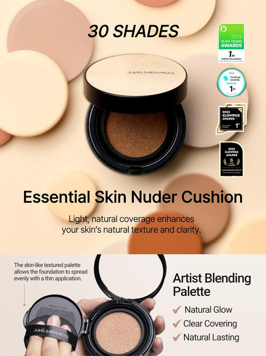 JUNG SAEM MOOL Essential Skin Nuder Cushion 22W Sand 0.49 Fl Oz, No Refill, Natural Radiant Finish Cushion Foundation with Buildable Coverage, Lightweight Texture, Korean Foundation Makeup