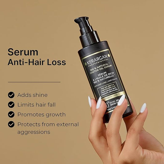 KERARGAN - Anti-Hair Loss Hair Serum with Castor Oil - Protection & Shine for Dry, Brittle Hair - Enriched with Aloe Vera & Macadamia Oil - Sulfate-free, GMO-free, Mineral Oil-free - 3.4 Fl oz