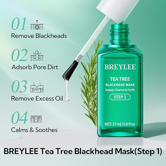 BREYLEE Blackhead Remover Mask, Tea Tree Oil Nose Pore Strips +100 papers, Puntos Negros, Peel Off Mask for Nose and Face, Pore Cleanser Purifying, Brush Desigh