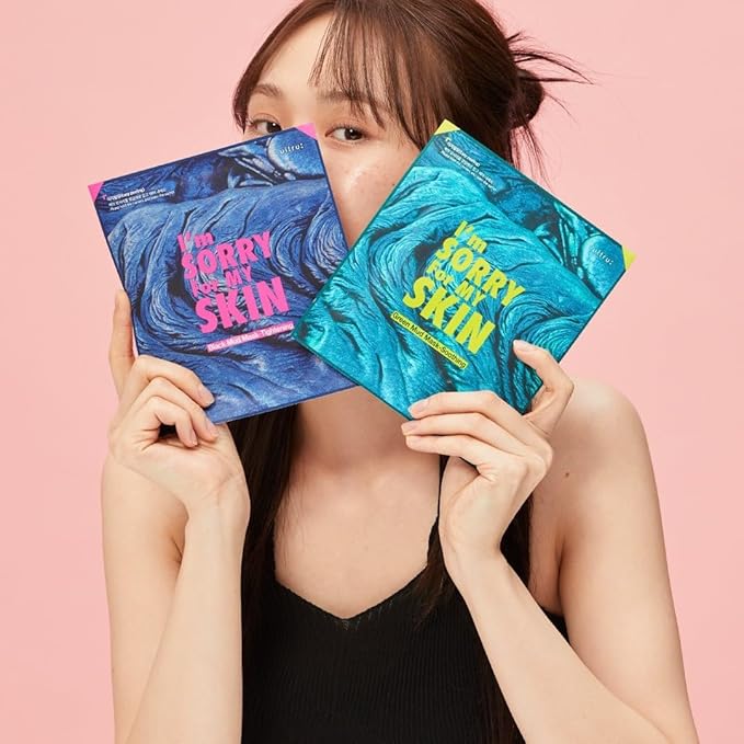 I'M SORRY FOR MY SKIN Bentonite Clay Mud Sheet Masks Set, Korean Skin Care, Exfoliating Face Masks with Volcanic Ash, Sebum Control, Pore Minimizer, Tightening, Soothing (Black 2pcs & Green 2pcs)