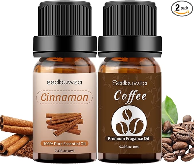 Sedbuwza Cinnamon Coffee Essential Oil Set, Cinnamon Fragrance Oil Coffee Scent Oil Set for Diffuser, Aromatherapy, Massage, Soap, Candle Making 2 x 10 ml