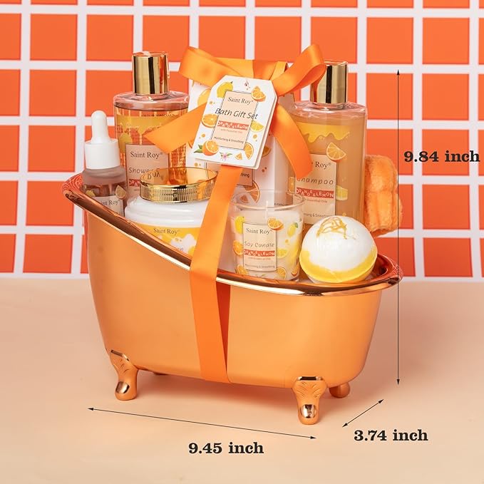 Orange Scents spa gift set Great Gift Lemon Spa Gifts for girls, Body care Set Birthday Gifts, Gift Baskets for Women, 11pcs Bath Gift Set for Women, Self Care Spa Kit Lemon Citrus Spa Gift Basket