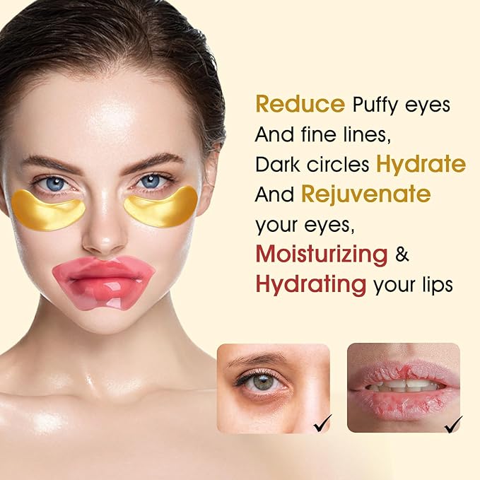 Adofect 40 Pairs Under Eye Patches and Lip Mask 24K Gold Eye Mask for Puffy Eyes Collagen Lip Masks and Crystal Eye Mask Reducing Fine Lines for Women and Men (Gold and Pink)