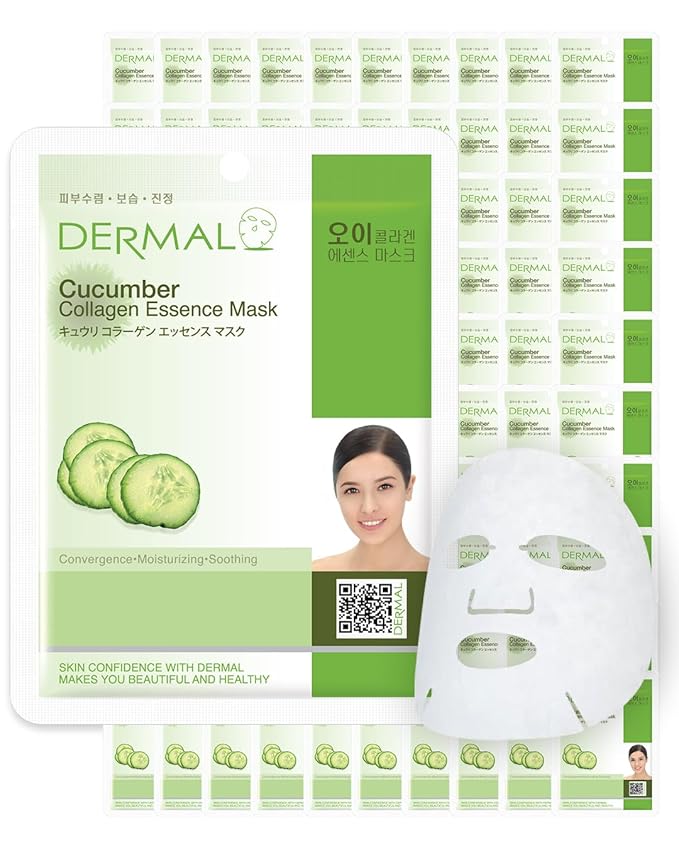 DERMAL Cucumber Collagen Essence Facial Mask Sheet 23g Pack of 100 - Soothing & Moisturizing, Redness & Sunburn Relief, Daily Skin Treatment Solution Sheet Mask