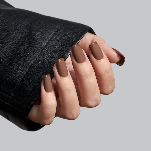 BTArtbox Press on Nails Short Square - Dark Brown Nails with Glossy French Tips in a Matte Finish, Soft Gel Fake Nails Glue On Nails in 16 Sizes for Gift, Coffee Toffee