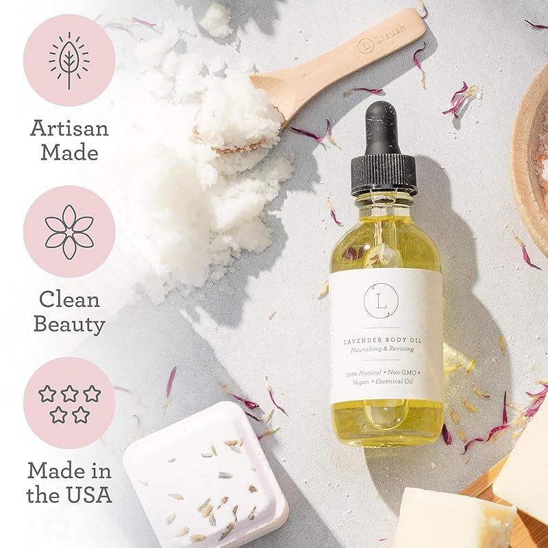 Lizush Lavender Body Oil - 2 oz Natural, Vegan, Non-GMO Moisturizing Bath Oil for Silky Skin with Premium Essential Oils - Handmade in the USA