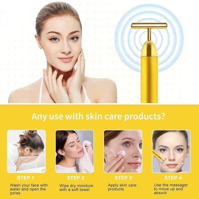 Face Massager Electric Skin Care Tool, 24k Golden T Shape Beauty Bar & 3D Roller Massager, Vibration Facial Lifting and Body Treatment Tool Kit, Reduce Puffiness Improve Wrinkles Anti Aging Device