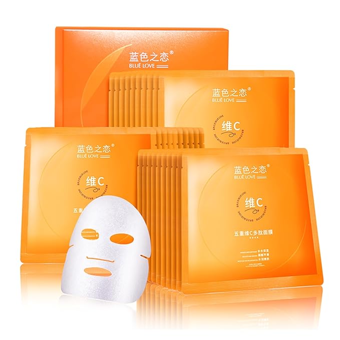 BLUE LOVE 10-Pack Vitamin C Facial Masks for Women Man – Deeply Hydrating & Firming Sheet Masks for Daily Skin Care, Enriched with Essential Vitamins for Radiant Skin