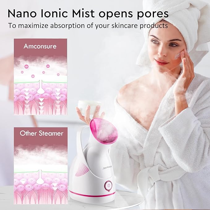 Amconsure Facial Steamer - Nano Ionic Face Steamer Warm Mist Steamer for Home Sauna SPA, Humidifier for Face Steamer for Deep Cleaning Unclogs Pores Sinuses - Bonus 5 Piece Stainless Steel Skin Kit