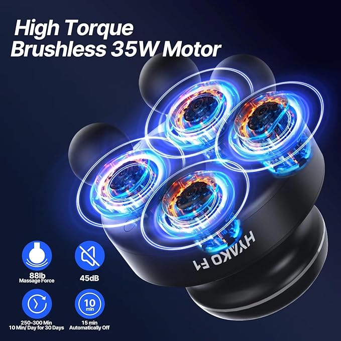 HYAKO F1 4-Heads Handheld Electric Deep Tissue Body Massager – Portable Orbital Professional Muscle Massager Tool for Easing Shoulder and Back Tension and Chiropractic Tool for Myofascial Release