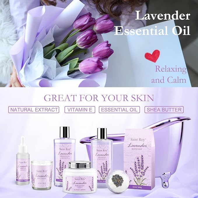 Spa Gift Baskets for Women - Lavender Gifts for Women, Bath Set with Shower Gel, Shampoo, Home Spa Kit Gifts for Her, Christmas, Mothers Day