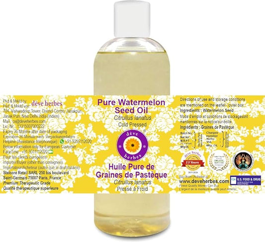 Deve Herbes Pure Watermelon Seed Oil (Citrullus lanatus) Cold Pressed 200ml (6.76 oz)