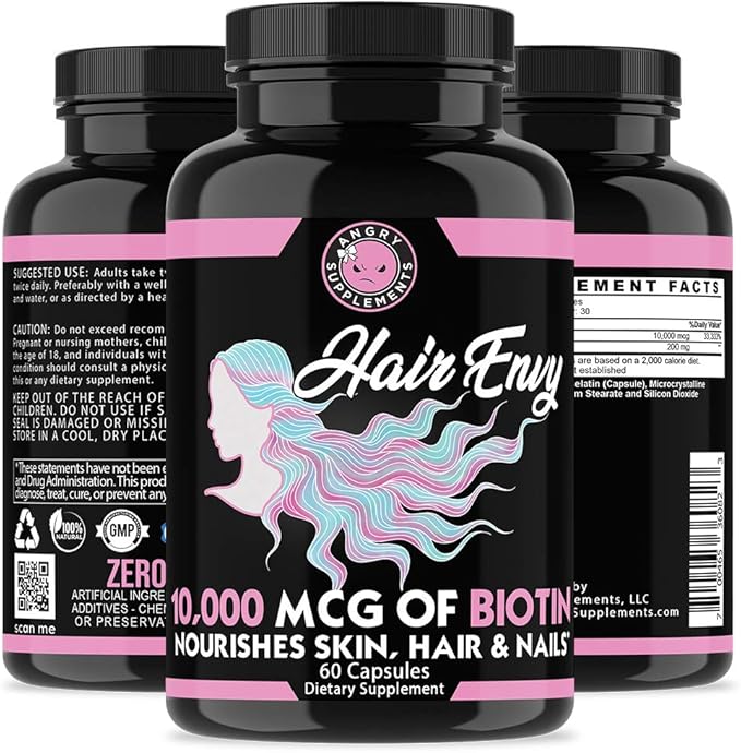 Angry Supplements Hair Envy 10,000 mcg Biotin + Keratin, Grow + Hydrate Hair, Strengthen Thicken Nails, Clear & Nourish Skin – Help Damaged Thinning Hair, (3-Bottles)