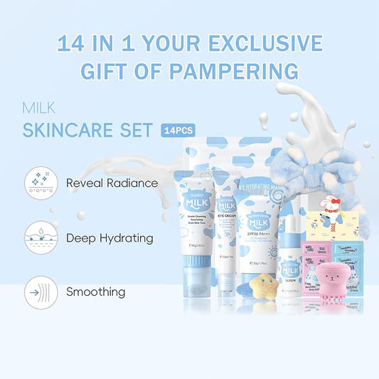 14 In 1 Milk Skincare Set for Women & Teens, Facial Kit for Women, Facial Skin Care Sets & Kits with Cleanser, Serum, Cream, Sunscreen, Eye Cream, Mask, Hair Band, Face Brush, Greeting Card, Hairpin