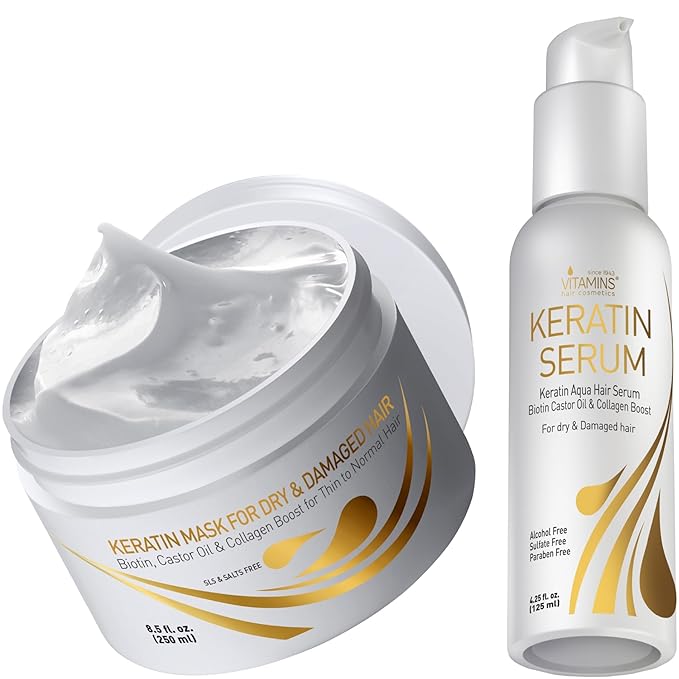 Vitamins Keratin Hair Treatment Kit - Deep Conditioner Mask and Weightless Anti-Frizz Serum for Dry, Damaged, Color-Treated Fine Hair