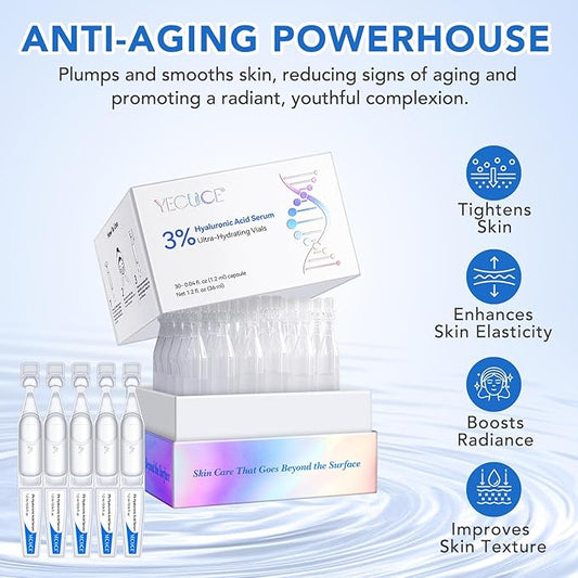 3% Hyaluronic Acid Serum for face, Hyaluronic Acid Tubes, Ultra-Hydrating Vials Serum Smoother Skin, Hyaluronic Acid Boosting Serum Single-Use Skincare 1.2ML*30