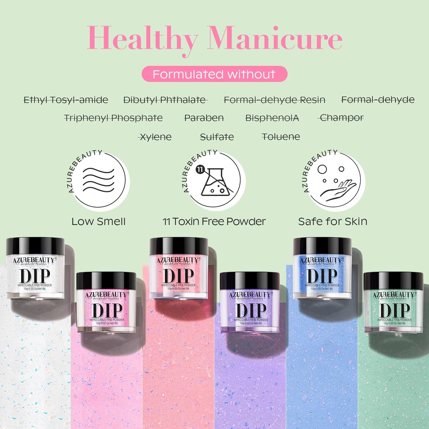AZUREBEAUTY Dip Powder Nail Set, Clear Pink Coral Violet Blue Green Pastel Shades with Sparkling Aluminum Foil, 6 Colors Dipping Powder Starter Kit Nail Art Manicure Salon, No Need Nail Lamp Cured