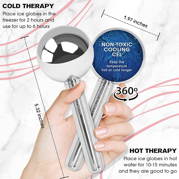Ice Globes for Facials | Unbreakable Steel Cooling Roller | Cryo Sticks for Face | Massager for Face Neck & Eyes | Skin Care for Dark Circles, Puffiness, Wrinkles, Collagen Production (360 Rotating)