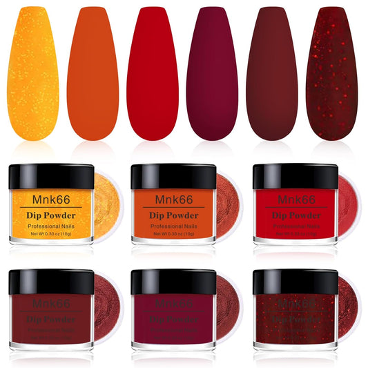 6 Colors Dip Powder Set, Red Orange Glitter Hallowen Dipping Powder Color Set, Glossy Nail Art Manicure DIY Salon Home Gift for Ladies (YYSDDPS-06-6pcs)