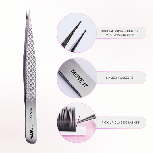 Curacoro Lash Tweezer - Professional & Precision Fiber Tip Grip Lash Tweezers for Eyelash Extensions, Multi Shapes & Purposes Tweezers for Volume, Isolation & Classic Lashes (Silver, Move It)