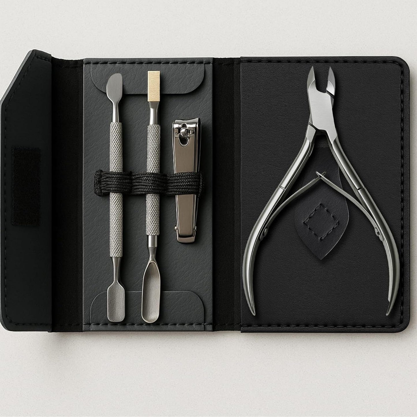 UM Supplies Cuticle Nipper with 2 Pushers and Nail Cutter 4 Pieces Travel Set + Storage Pouch, Stainless Steel Manicure Pedicure Tool for Nail Care Jaw 14 (5mm) Double Spring