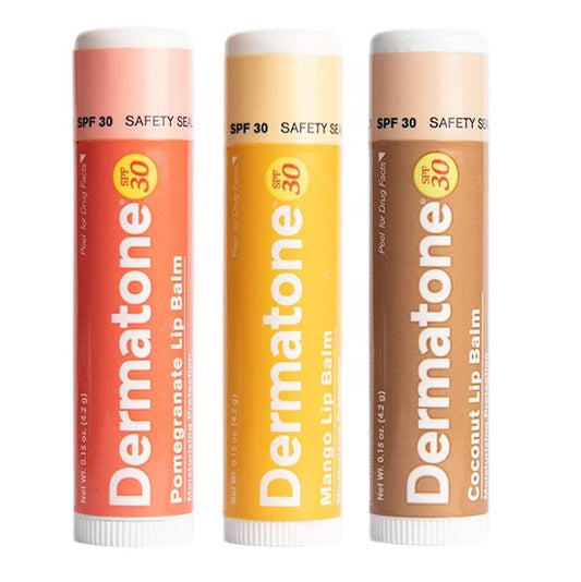 Dermatone Lip Balm Fruit Variety Pack | Moisturizing Lip Care | Soothes & Heals Chapped Lips | SPF 30 | Aloe, Tea Tree Oil | 3-Pack (Coconut, Mango, Green Tea)