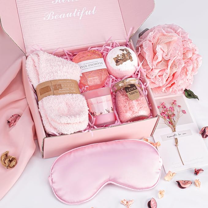 Relaxing Spa Kit Gift Basket Set - Birthday Gifts for Women - Gift for Wife, Mom, Sister, Girlfriend, Friends (Pink)