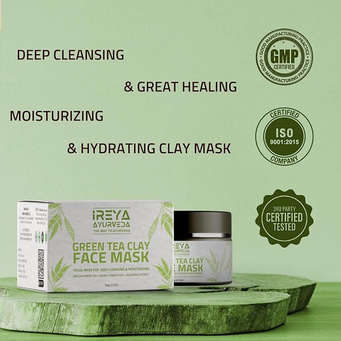 Green Tea Clay Mask with French Green Clay Moisturizing & Hydrating Clay Facial Mask, Deep Cleansing Facial Mask with kaolin clay, Vitamin E, Bentonite Clay, & Aloe Vera Extract