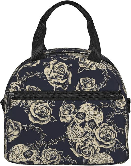 bassyil Skull Insulated Lunch Bag Reusable Lunch Box With Adjustable Shoulder Strap Cooler Tote Bag For Men Women