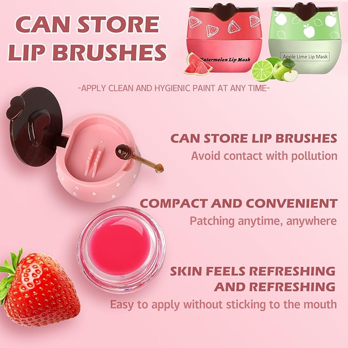 4Pcs Bee Lip Balm Honey Pot, Honey & Strawberry & Watermelon&Lime Lip Mask Overnight Moisturizing Lip Sleep Mask with Stick Hydrating & Prevention Dry and Cracked Lip Scrubs Exfoliator
