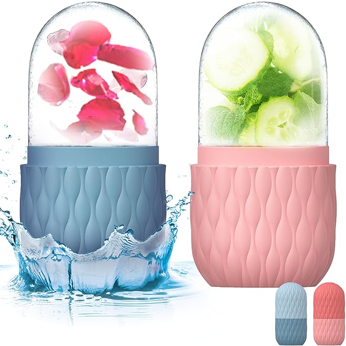 2 Pack Ice Roller for Face and Eye, Skin Care for Shrink Pores Reduce Puffiness, Nursing Tool for Fever, Redness and Swelling, Ice Cube, Ice Mold, Ice Stick, Ice Holder for Face Women Men (Blue-Pink)