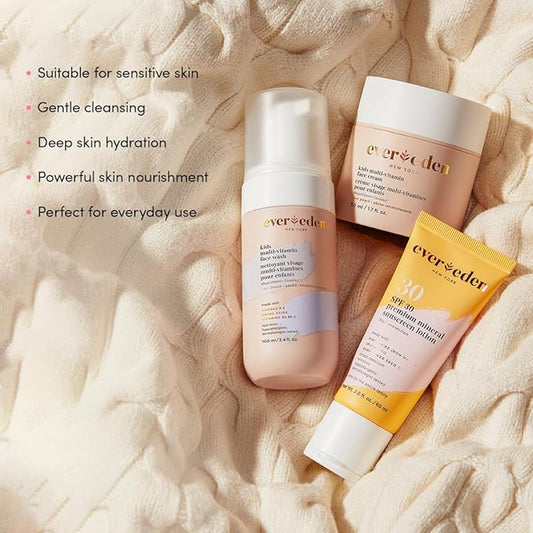 Evereden Daily 1-2-3 Routine Bundle: Clean & Vegan Skin Care Set for Kids - Hydrating & Nourishing Tween Skincare Set with Multi-Vitamin Face Wash, Face Cream, Lotion, & SPF 30 Mineral Sunscreen