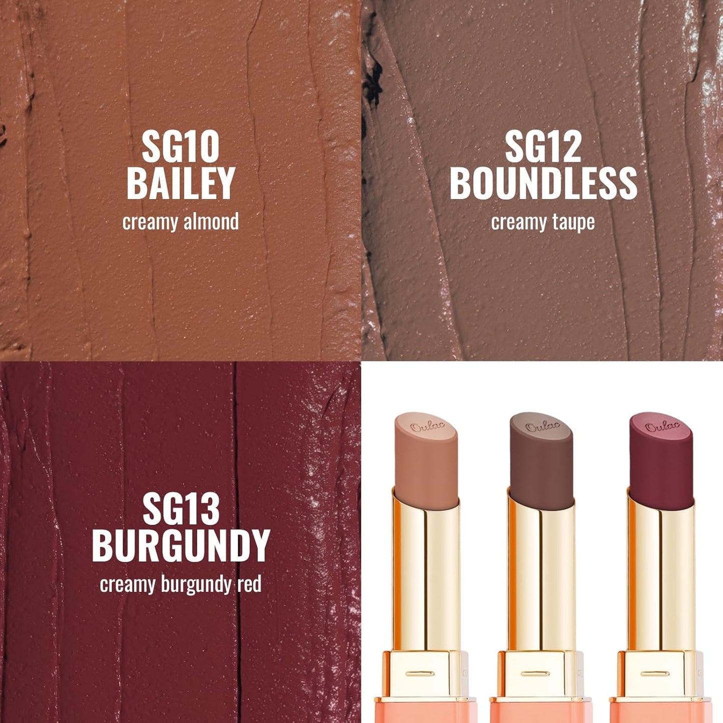 Oulac Color Rich Satin Lipstick Set For Women Nude Brown Lipsticks High Impact Lipcolor Tinted Lip Balm, Nourishing, Satin Finish, Moisturizing Creamy Formula, Vegan Gluten Free (10+12+13)