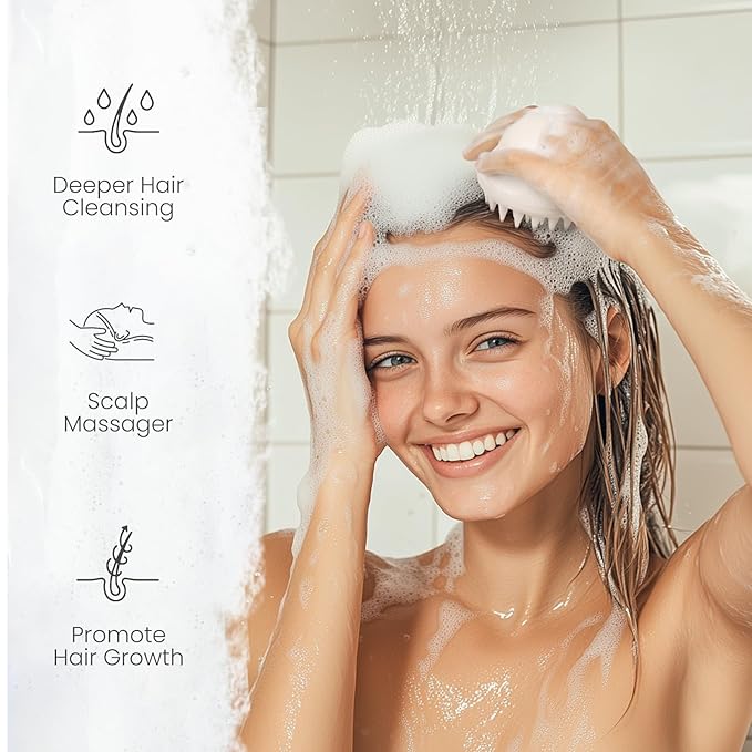 AIMIKE Soft Silicone Scalp Massager Brush, Exfoliator for Dandruff, Head Scrubber for Thick Curly Wet Dry Hair of Women Men Kids, Beige