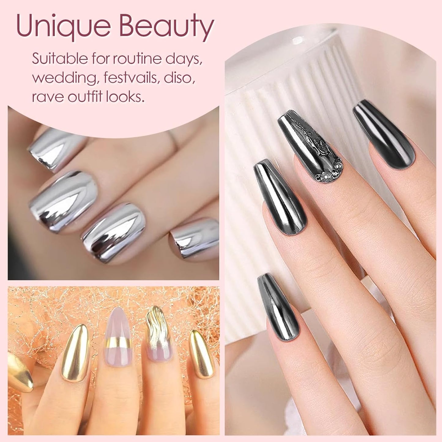 Allstarry Gold and Silver Chrome Nail Powder, 4 Colors Metallic Effect Mirror Chrome Powder Pigment Holographic Manicure Pigment Gold Siver Pink Chrome Nail Glitter