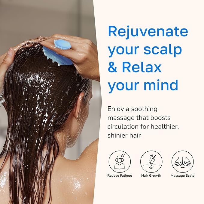 Silicone Scalp Scrubber - Massage Shampoo Brush, Soft Bristles for Hair Growth & Dandruff Removal - Ergonomic Design, Wet & Dry Use, Deep Cleansing Scalp Exfoliator for All Hair Types - Blue