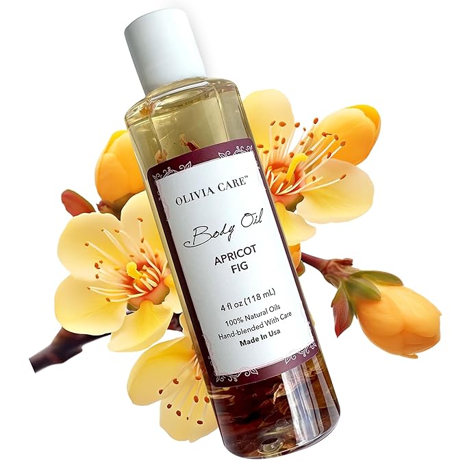Olivia Care Body Oil Apricot Fig Vegan & Natural Moisturizing - Infused with VITAMIN E, K & Omega Fatty Acids - Refreshing Fragrance - Reduce Dry Skin, Anti-Aging Properties (Apricot Fig)