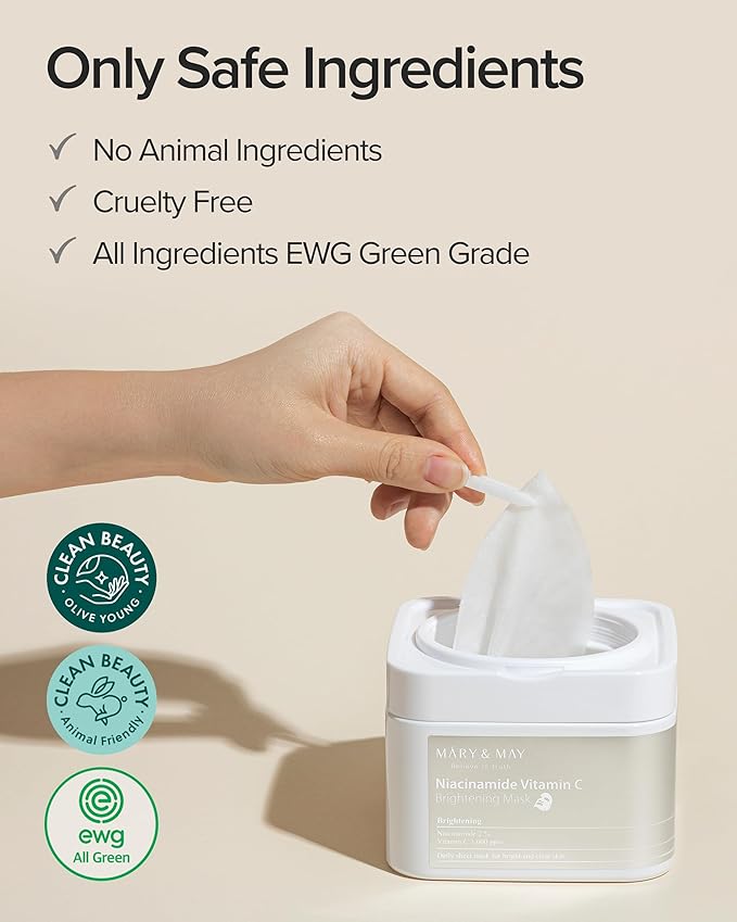 Mary&May Niacinamide Vitamin C Daily Mask - Quick Dispenser Type Korean Face Mask Sheet for Radiance Clear Skin - Dark Spot Correction and Luminous Skin - Hypoallergenic and Eco-Friendly, 30 Sheets