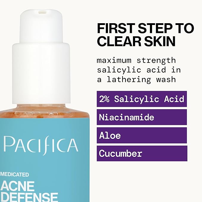 Pacifica Acne Defense Face Wash - Deep Pore Purifying Face Cleanser - w/ 2% Salicylic Acid, Pore Reducing Niacinamide & Inflammation Reducing Cucumber - for Sensitive Skin Vegan Dermatologist Tested