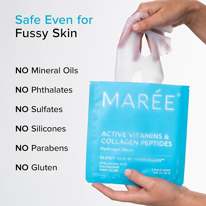 MAREE Hydrogel Collagen Face Mask with Hyaluronic Acid - Hydrating Face Masks Skincare with Niacinamid & Ionic Silver - Mascarillas Faciales For Women Skin Care | Hydrogel Mask