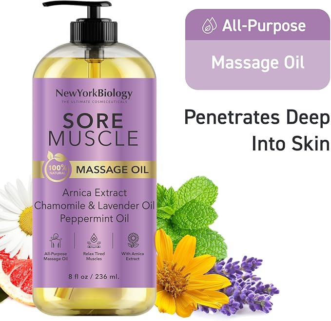 New York Biology Sore Muscle Massage Oil 8 Fl Oz – Made with 100% Natural Oils – Soothing Body Massage Oil - Absorbs Easily