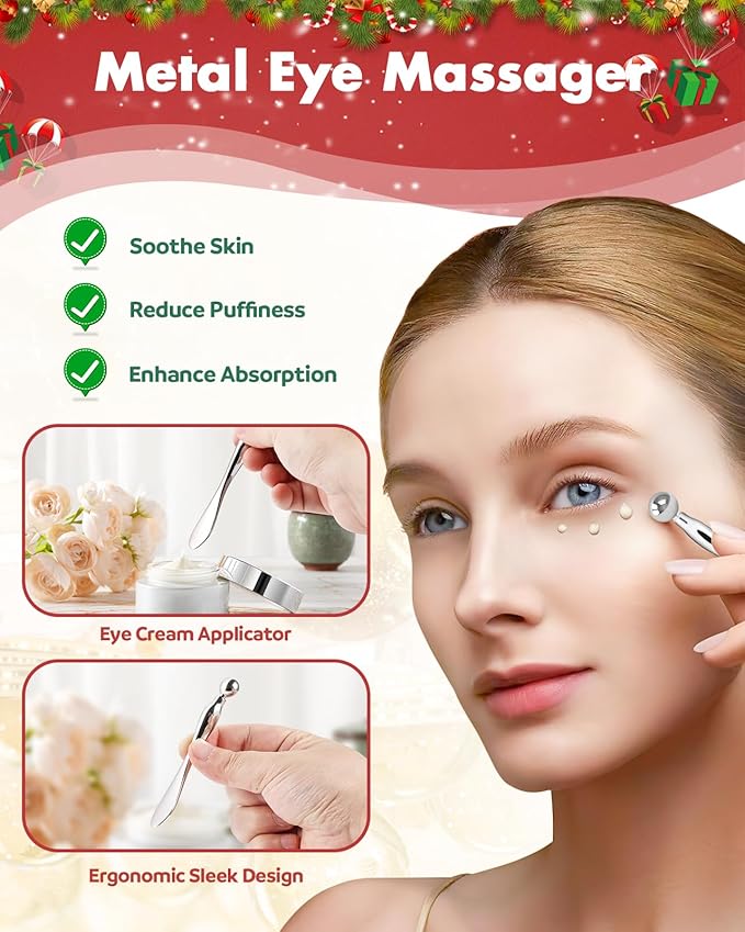 2 Pairs Reusable Under Eye Wrinkle Patches Silicone Mask, Plump Fine Lines & Wrinkles, with Metal Eye Cream Applicator, Tin Case, Christmas Red