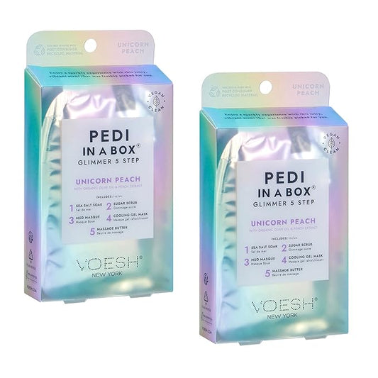 VOESH Pedi in a Box Glimmer - 2 Packs, Unicorn Peach, Pedi in a Box, Spa Pedicure Kit, Sparkly Pedicure, DIY Pedi, Foot Care, At-Home Pedi Products, Vegan Skincare