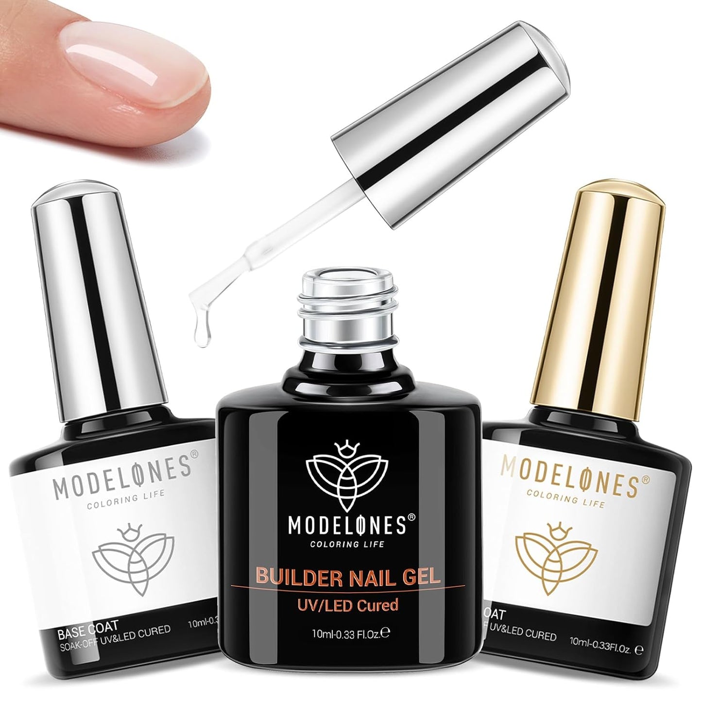 modelones 3 Pcs Top Coat Builder Nail Gel with Gel Base, No Wipe - Shine Finish and Long Lasting, Clear Builder Top Nail Kit for Thickening Apex Building Extension, LED Lamp Cured 10ml Home DIY Salon