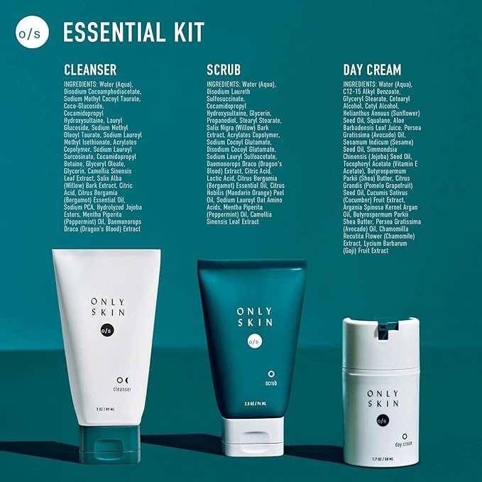 Essential Skin Care Kit, 3-Piece, Face Cleanser, Exfoliating Scrub & Day Cream Moisturizer Gift Set, Back To School Gifts